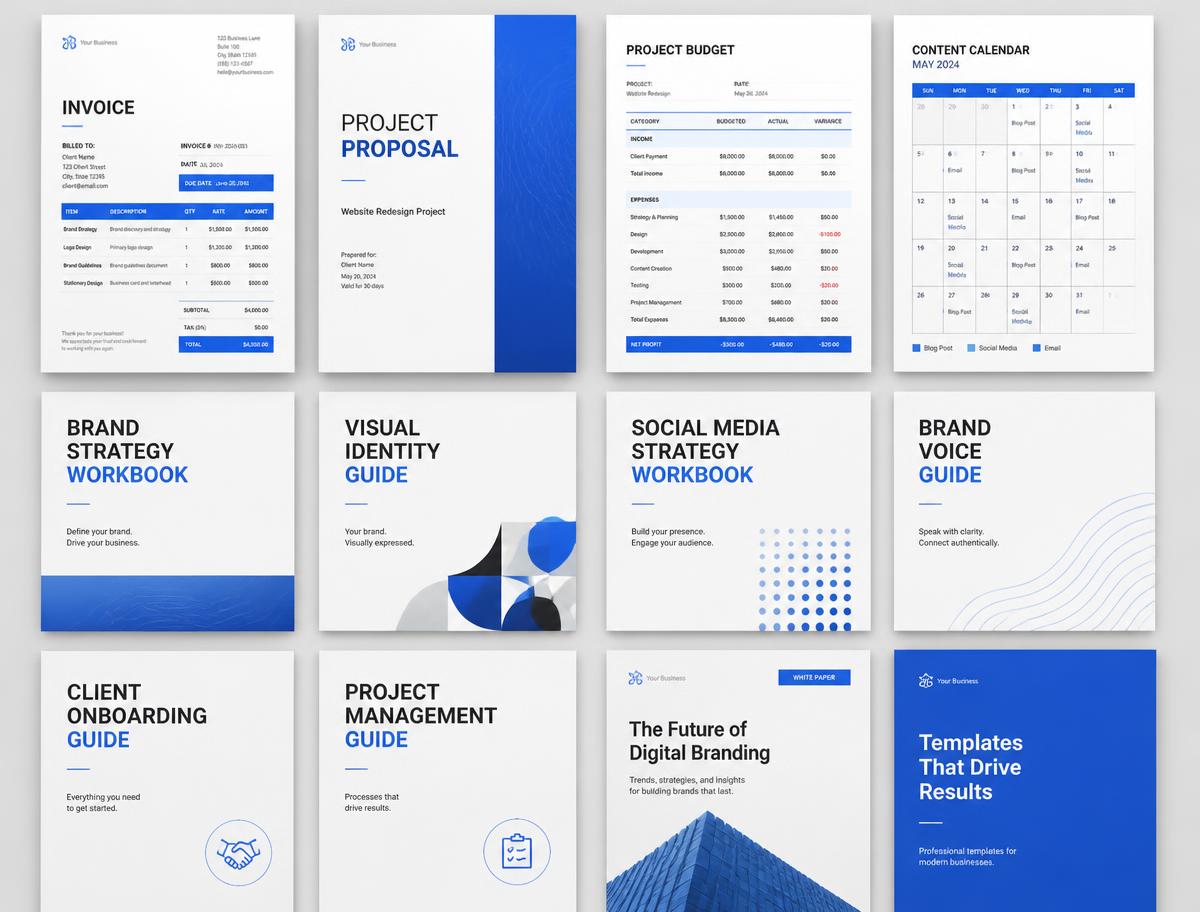 Grid of invoice, proposal, budget and brand workbook templates